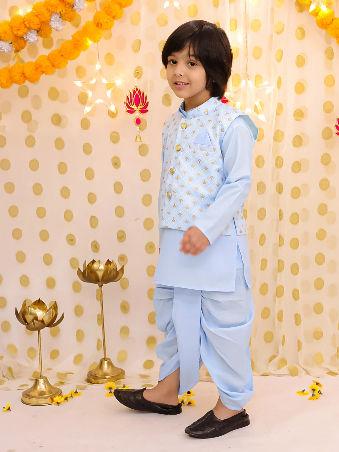 BownBee Festive Linen  Jacket With Solid Dhoti Kurta Set For Boys