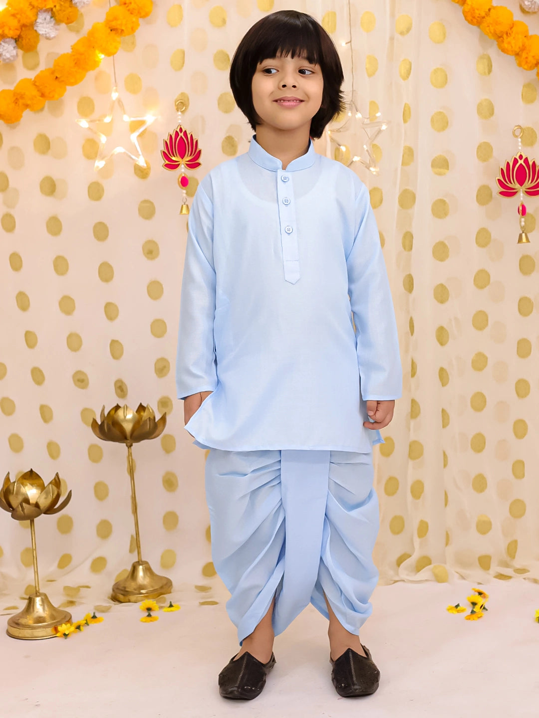 BownBee Festive Linen  Jacket With Solid Dhoti Kurta Set For Boys