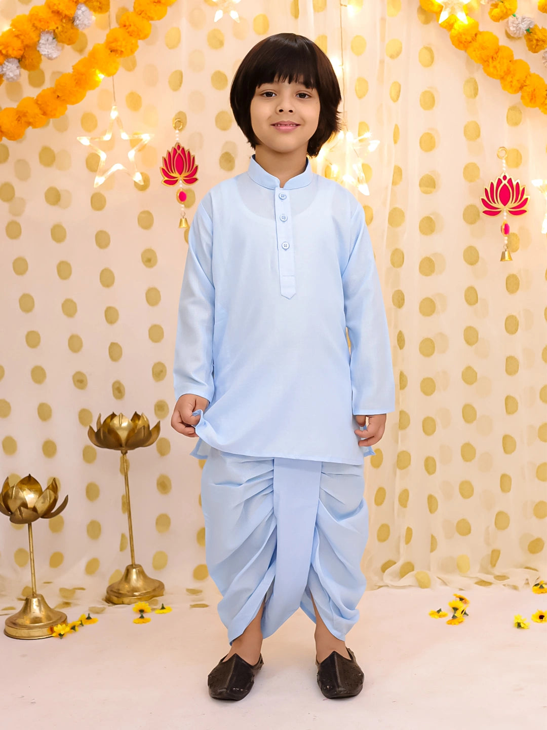 BownBee Festive Linen  Jacket With Solid Dhoti Kurta Set For Boys