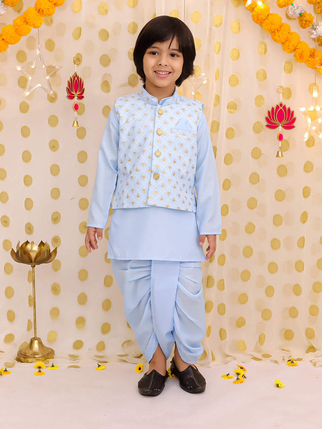 BownBee Festive Linen  Jacket With Solid Dhoti Kurta Set For Boys - Light Blue