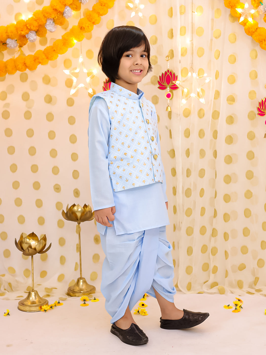BownBee Festive Linen  Jacket With Solid Dhoti Kurta Set For Boys - Light Blue