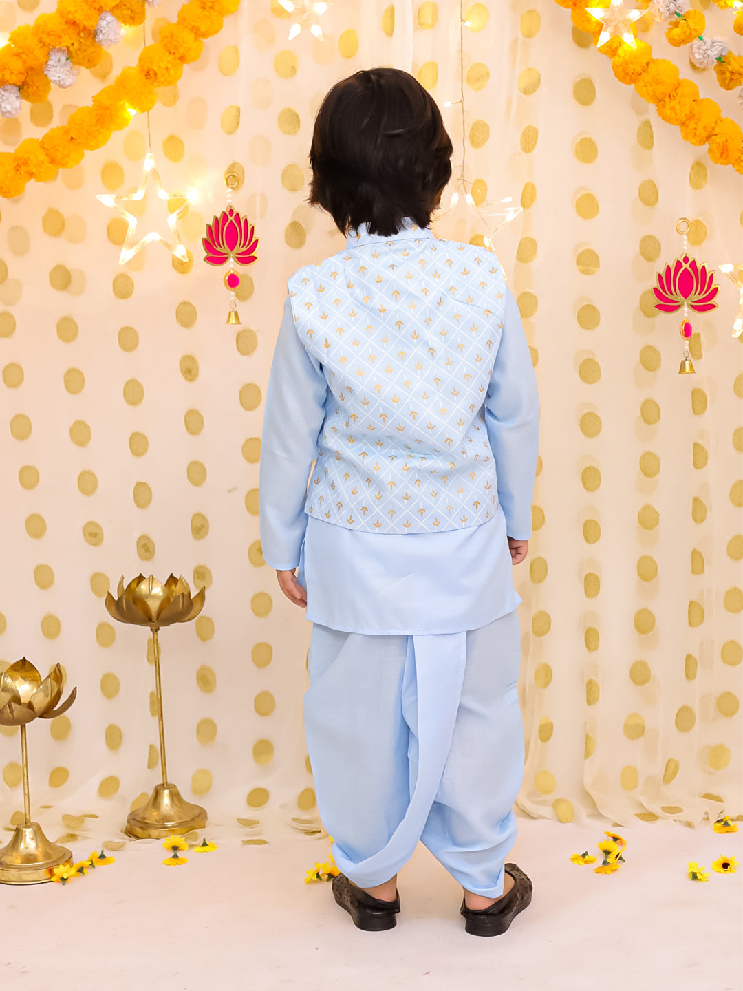 BownBee Festive Linen  Jacket With Solid Dhoti Kurta Set For Boys - Light Blue