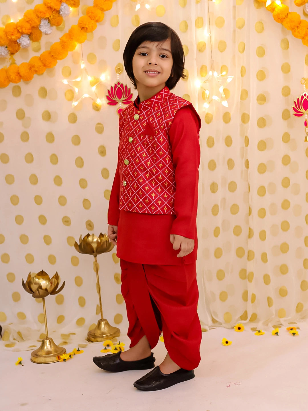 BownBee Festive  Blend Jacket With Solid Dhoti Kurta Set For Boys - Maroon
