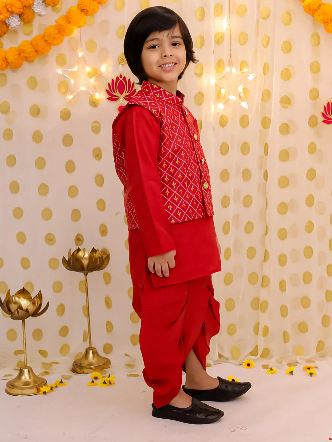 BownBee Festive  Blend Jacket With Solid Dhoti Kurta Set For Boys - Maroon