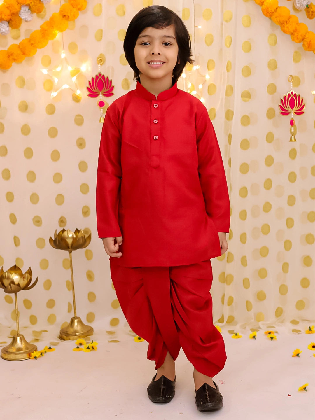 BownBee Festive  Blend Jacket With Solid Dhoti Kurta Set For Boys - Maroon