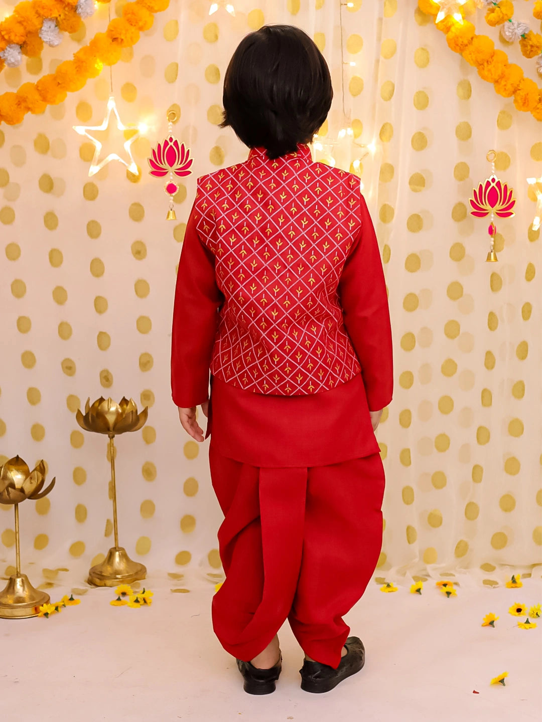BownBee Festive  Blend Jacket With Solid Dhoti Kurta Set For Boys - Maroon