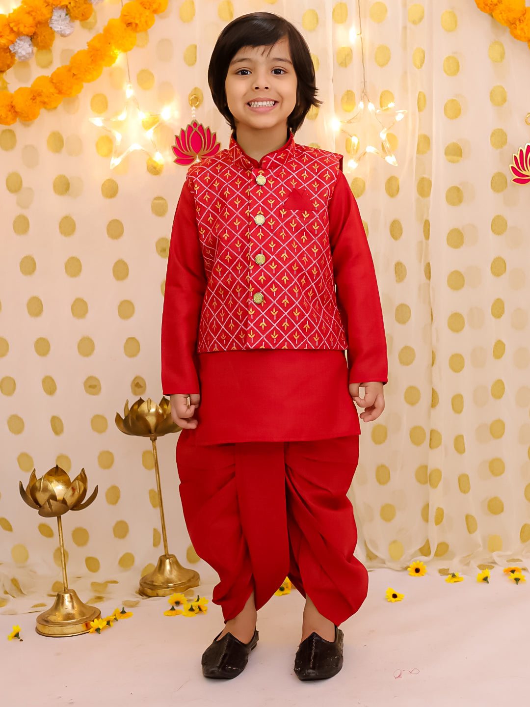 BownBee Festive  Blend Jacket With Solid Dhoti Kurta Set For Boys - Maroon