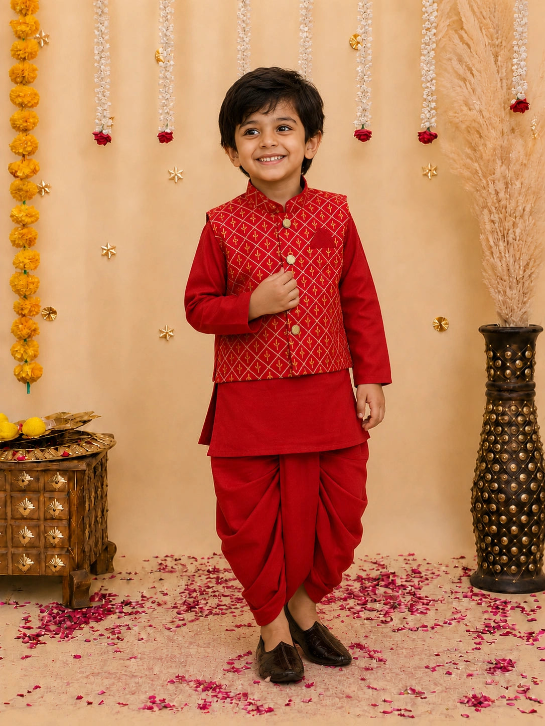 BownBee Festive  Blend Jacket With Solid Dhoti Kurta Set For Boys