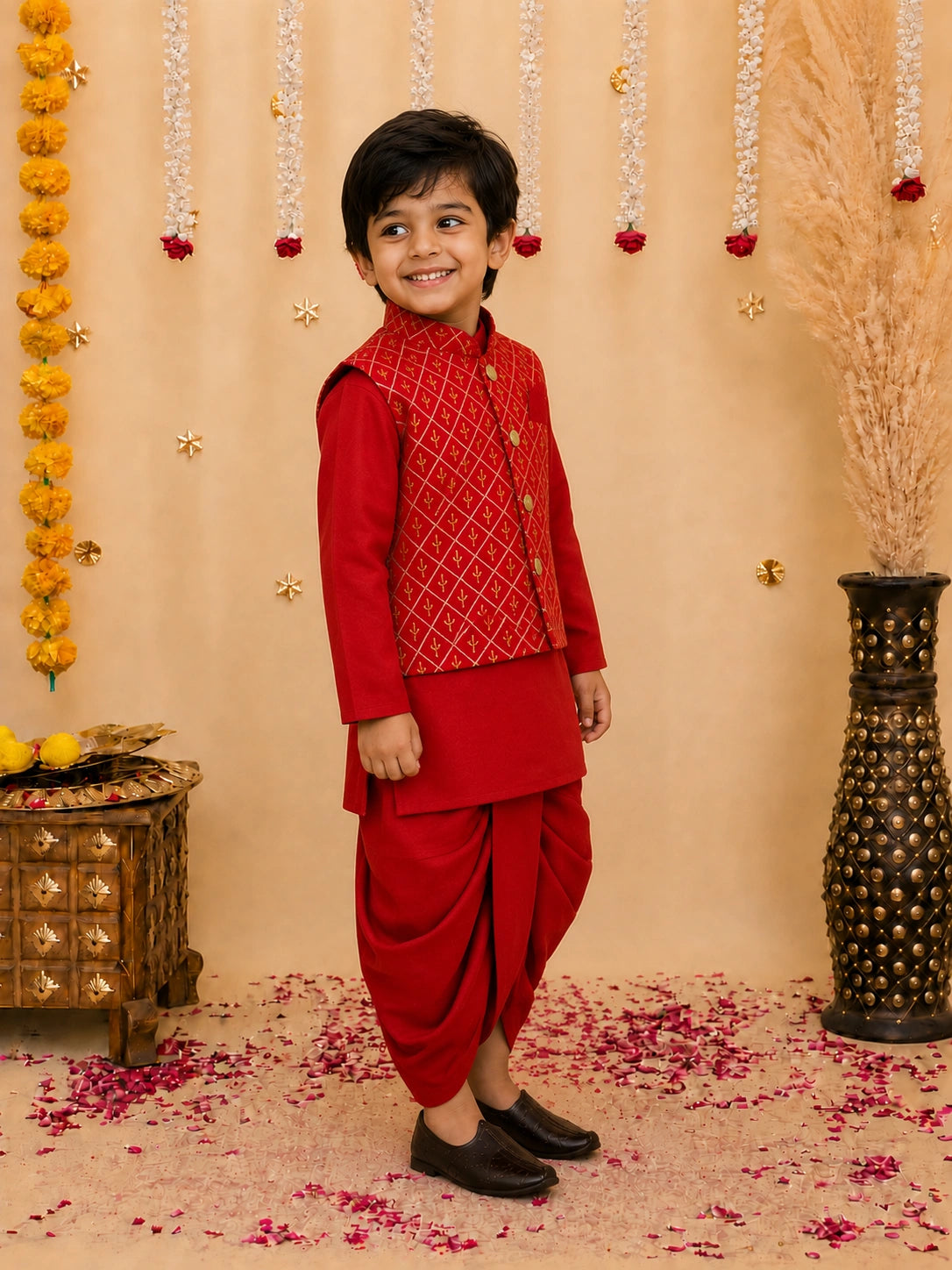 BownBee Festive  Blend Jacket With Solid Dhoti Kurta Set For Boys