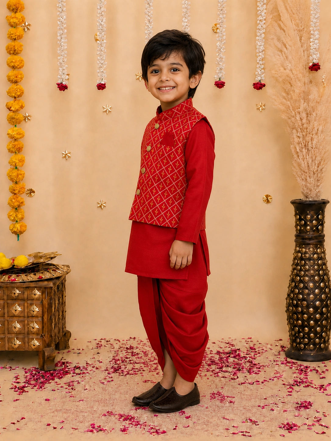 BownBee Festive  Blend Jacket With Solid Dhoti Kurta Set For Boys