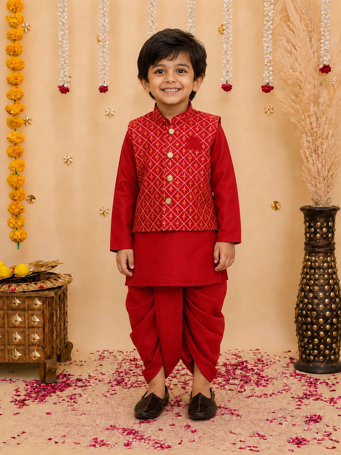 BownBee Festive  Blend Jacket With Solid Dhoti Kurta Set For Boys
