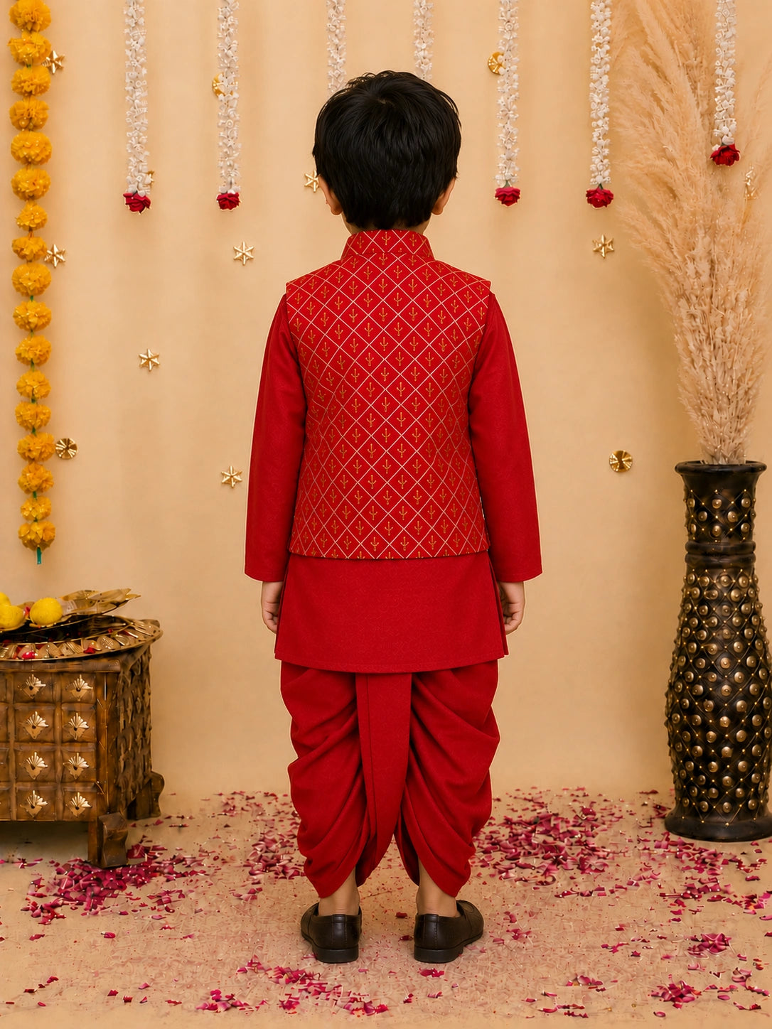 BownBee Festive  Blend Jacket With Solid Dhoti Kurta Set For Boys