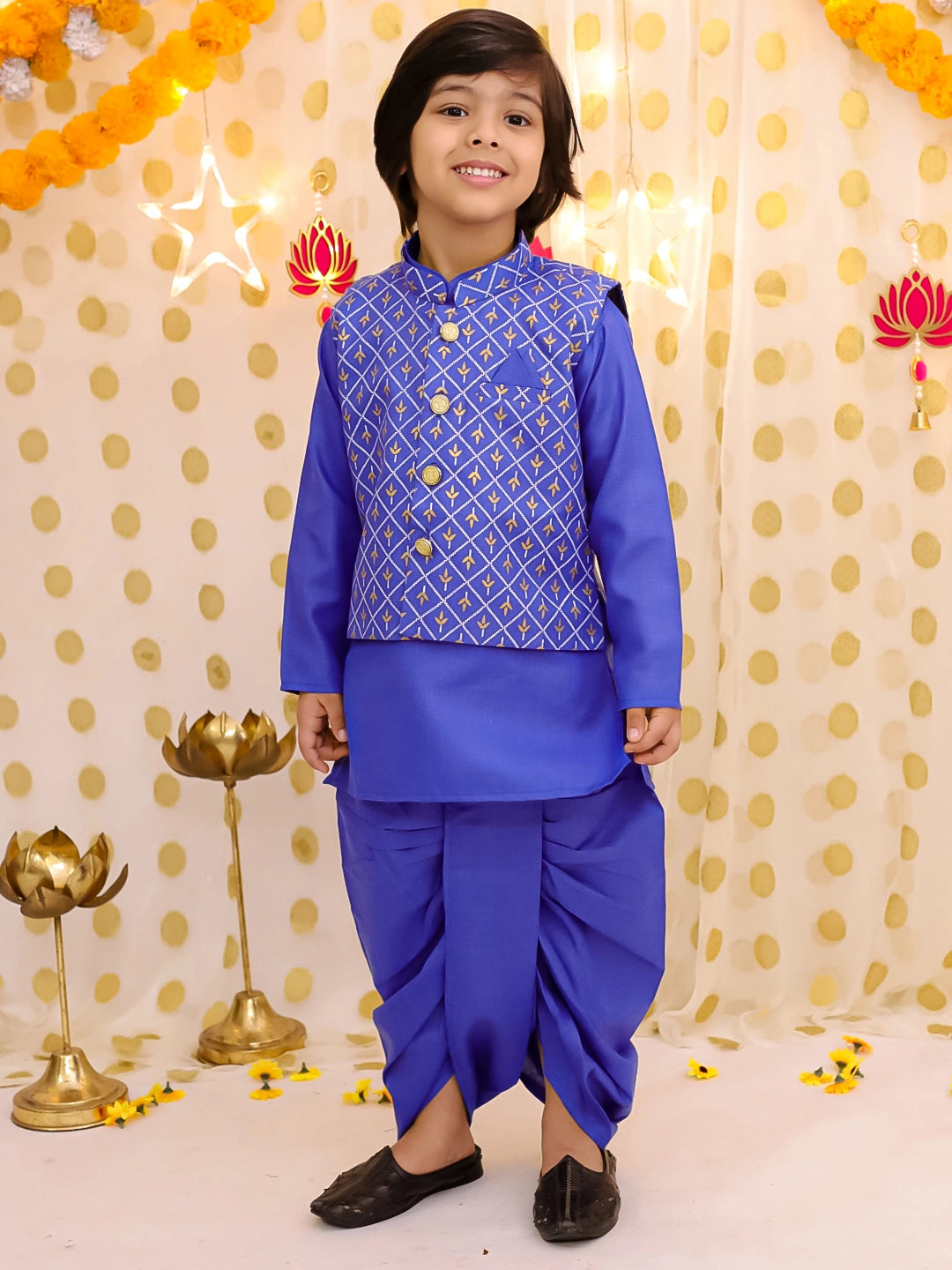 BownBee Festive Linen  Jacket With Solid Dhoti Kurta Set For Boys