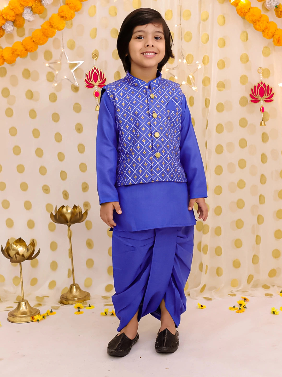 BownBee Festive Linen  Jacket With Solid Dhoti Kurta Set For Boys
