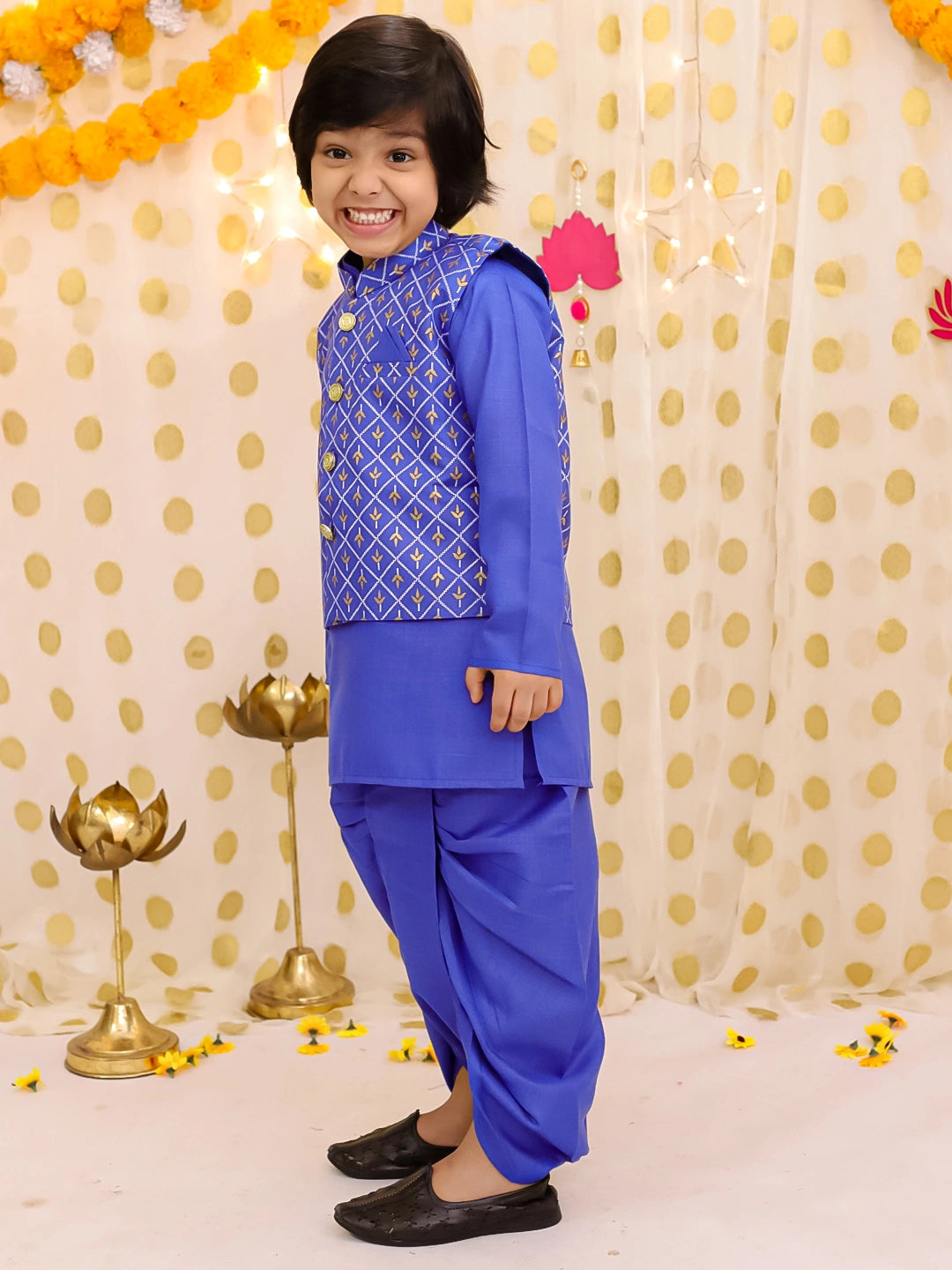 BownBee Festive Linen  Jacket With Solid Dhoti Kurta Set For Boys