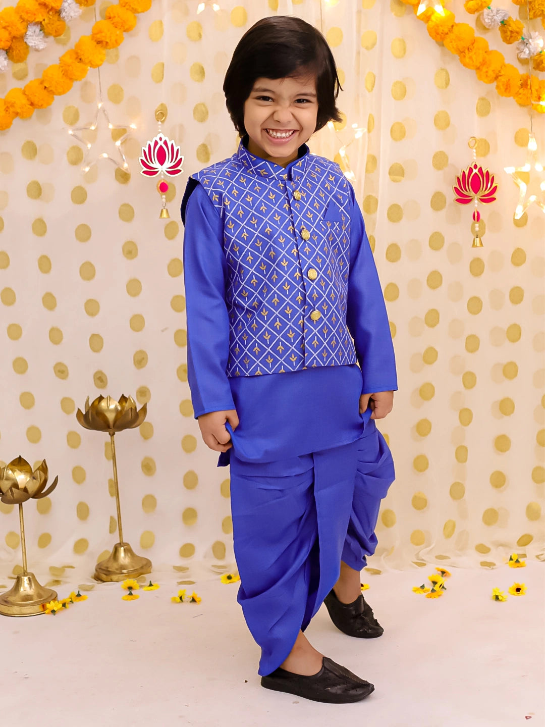BownBee Festive Linen  Jacket With Solid Dhoti Kurta Set For Boys
