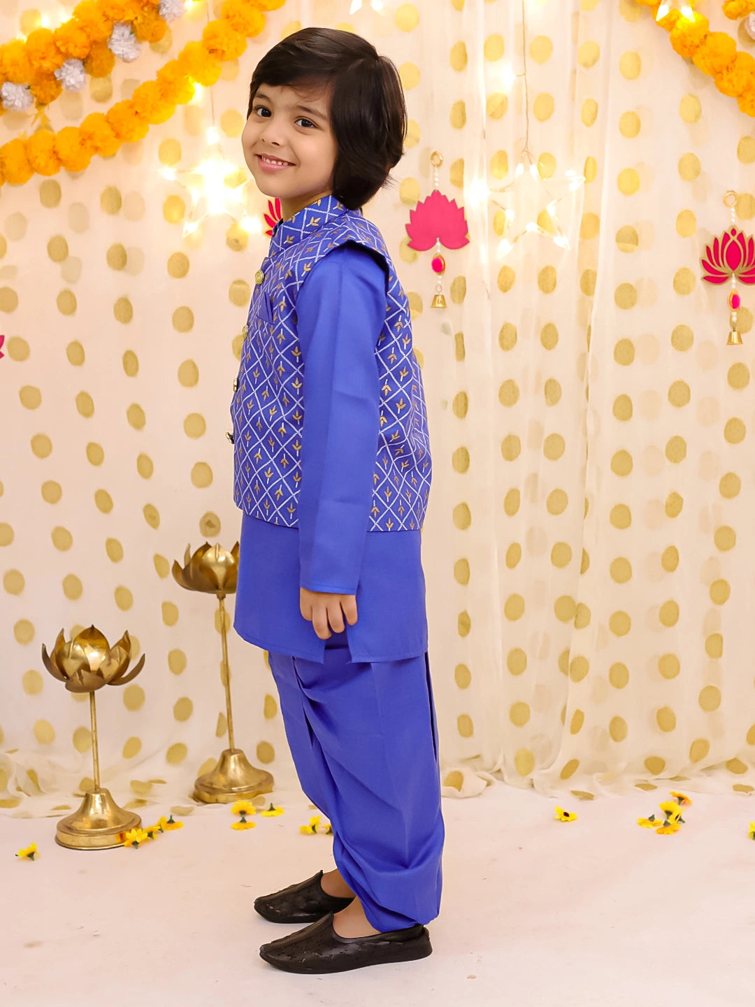 BownBee Festive Linen  Jacket With Solid Dhoti Kurta Set For Boys