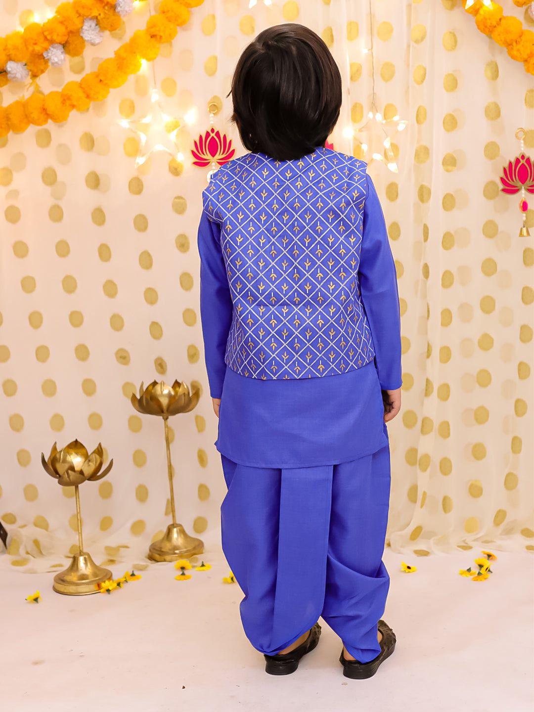BownBee Festive Linen  Jacket With Solid Dhoti Kurta Set For Boys - Blue