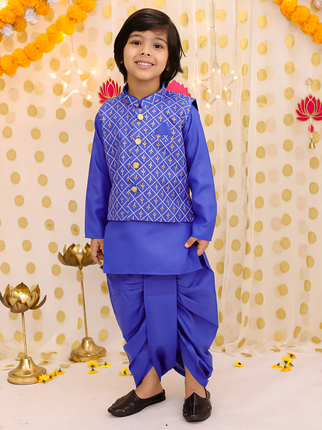 BownBee Festive Linen  Jacket With Solid Dhoti Kurta Set For Boys - Blue