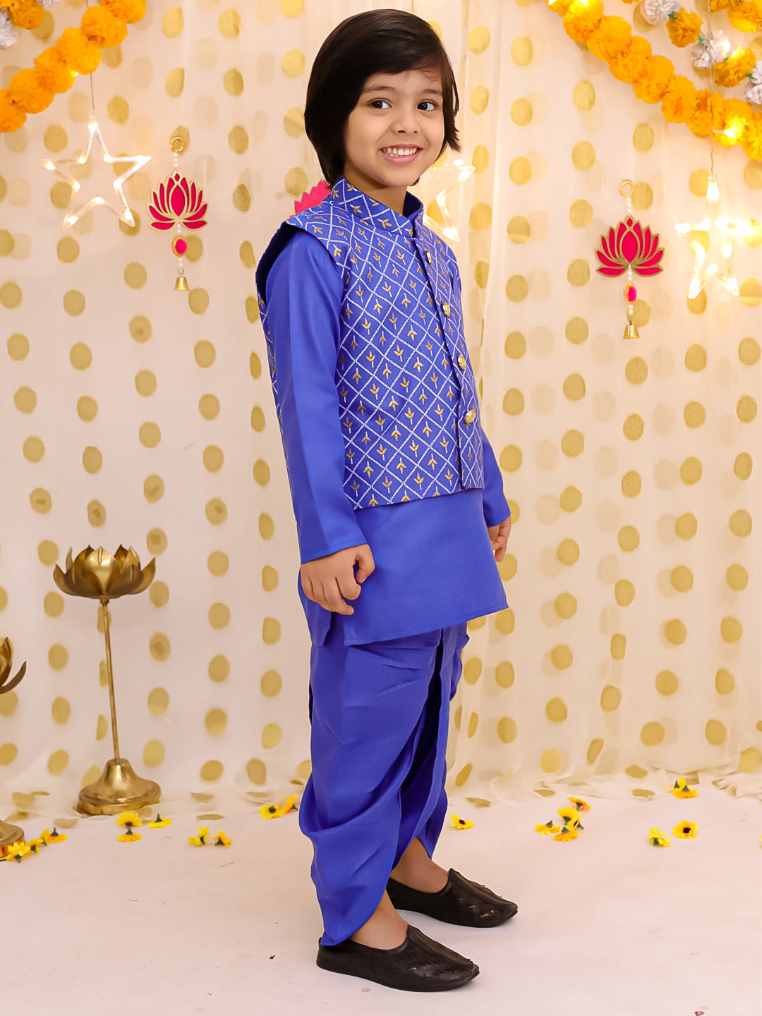 BownBee Festive Linen  Jacket With Solid Dhoti Kurta Set For Boys - Blue