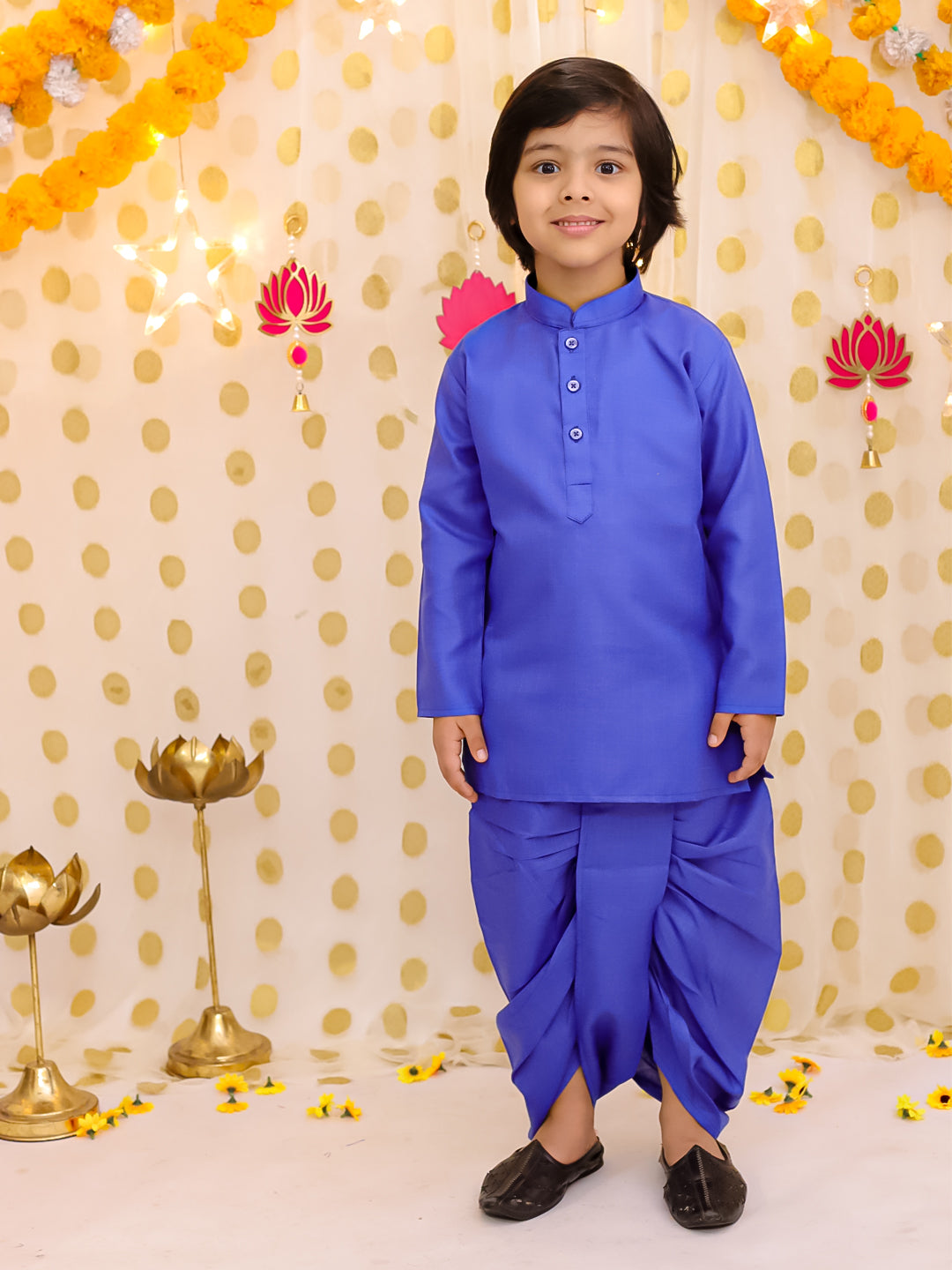 BownBee Festive Linen  Jacket With Solid Dhoti Kurta Set For Boys - Blue