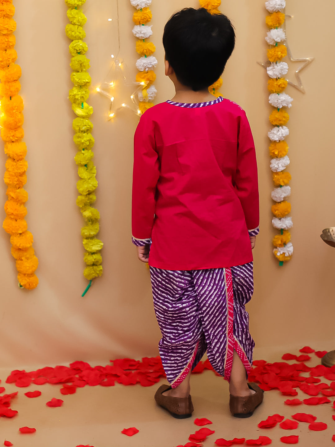 BownBee Bandhani Pure Cotton Long Sleeves Dhoti Kurta Set For Boys -Red
