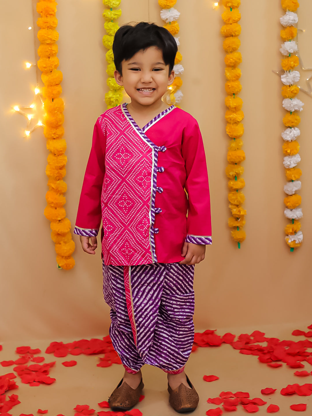 BownBee Bandhani Pure Cotton Long Sleeves Dhoti Kurta Set For Boys -Red