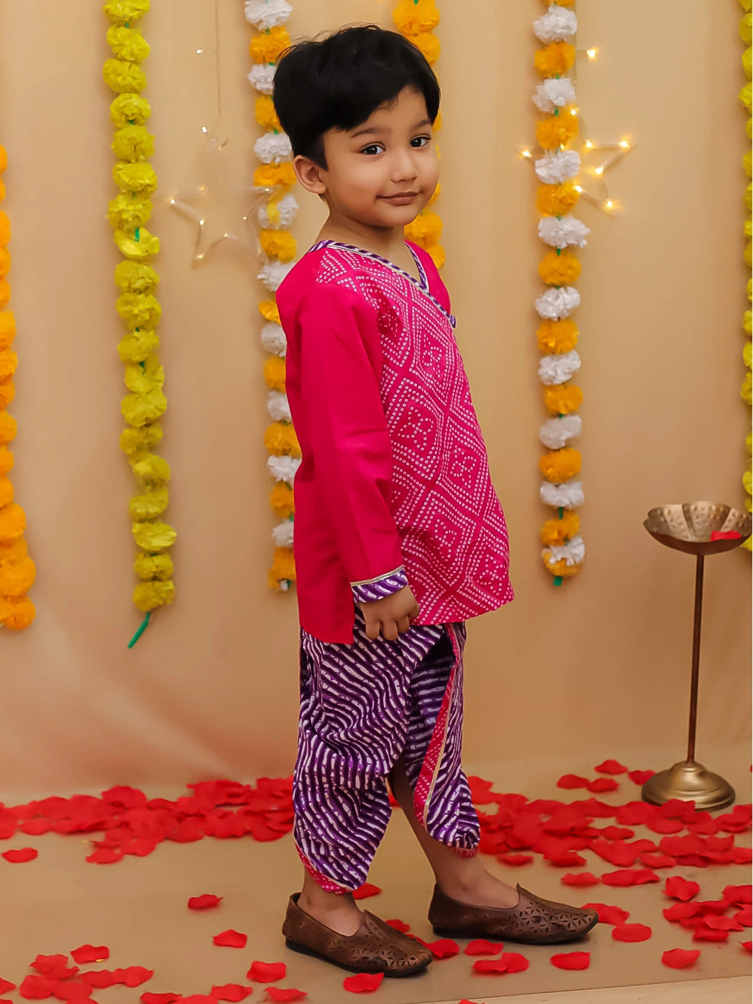 BownBee Bandhani Pure Cotton Long Sleeves Dhoti Kurta Set For Boys