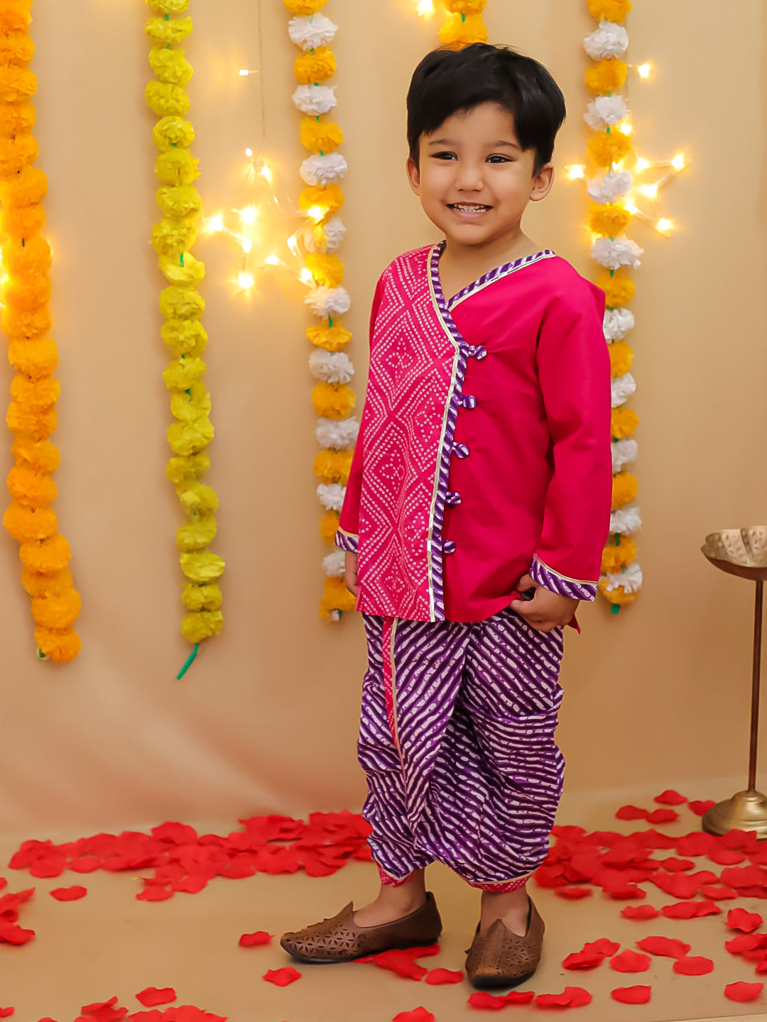 BownBee Bandhani Pure Cotton Long Sleeves Dhoti Kurta Set For Boys -Red