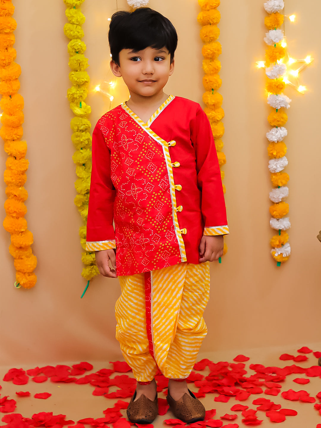 BownBee Bandhani Pure Cotton Long Sleeves Dhoti Kurta Set For Boys -Red