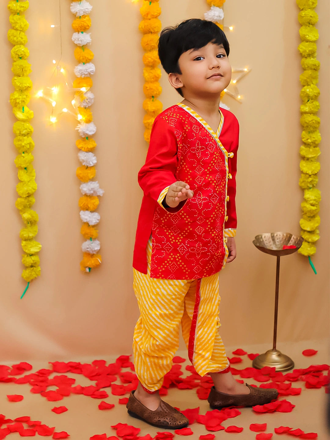 BownBee Bandhani Pure Cotton Long Sleeves Dhoti Kurta Set For Boys