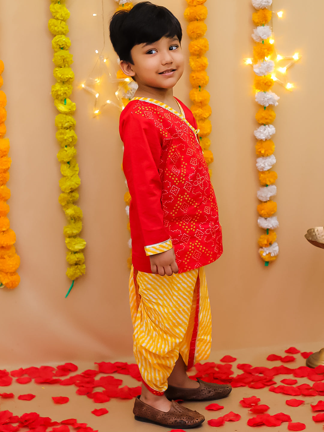 BownBee Bandhani Pure Cotton Long Sleeves Dhoti Kurta Set For Boys -Red