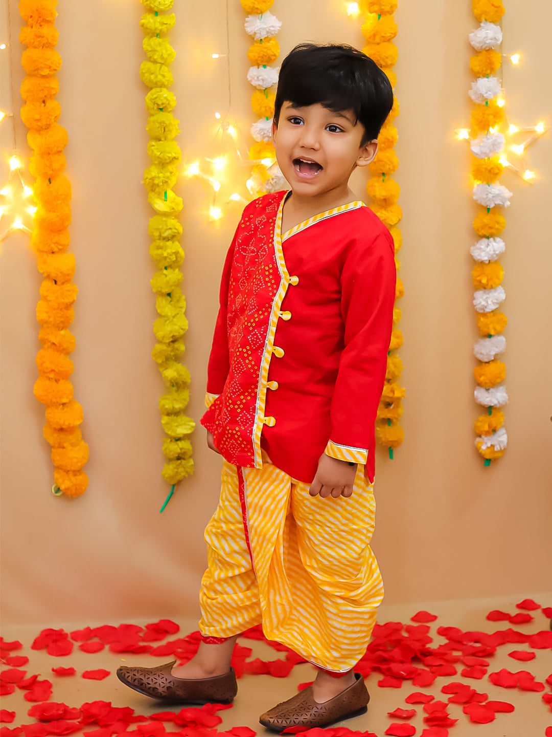 BownBee Bandhani Pure Cotton Long Sleeves Dhoti Kurta Set For Boys -Red