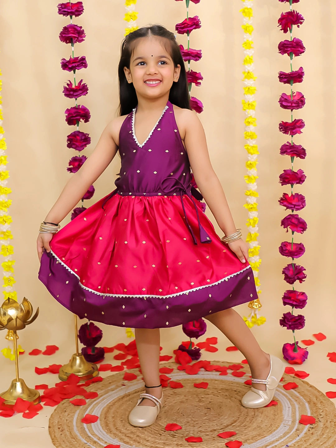 BownBee Ethnic Halter Neck Sleeveless Dress For Girls