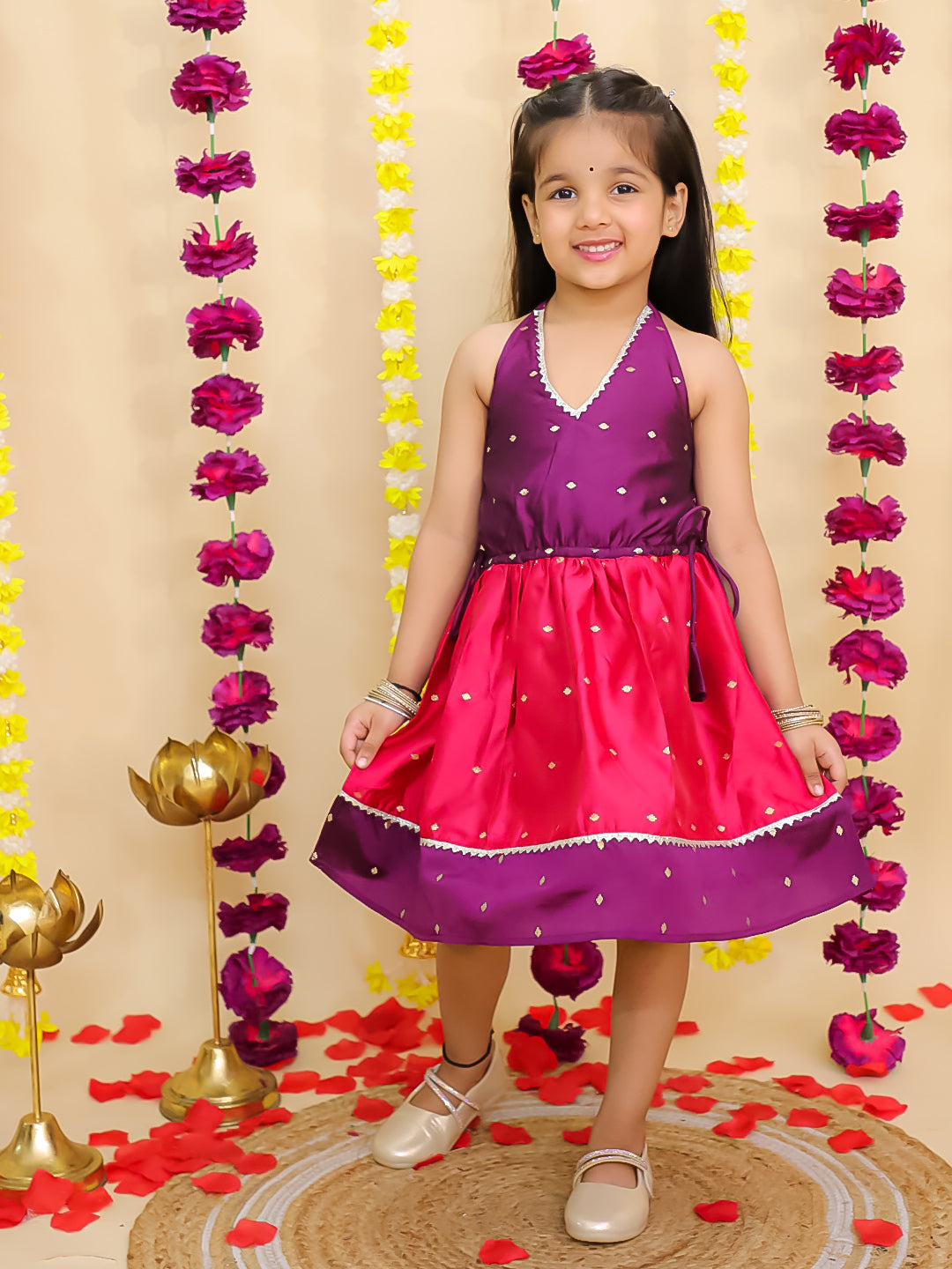 BownBee Ethnic Halter Neck Sleeveless Dress For Girls - Purple