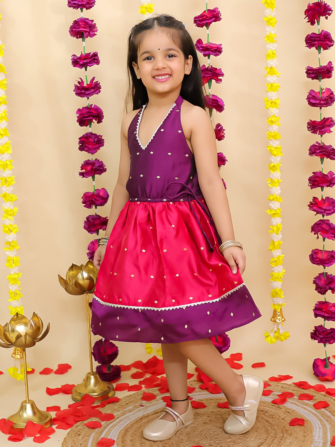 BownBee Ethnic Halter Neck Sleeveless Dress For Girls - Purple