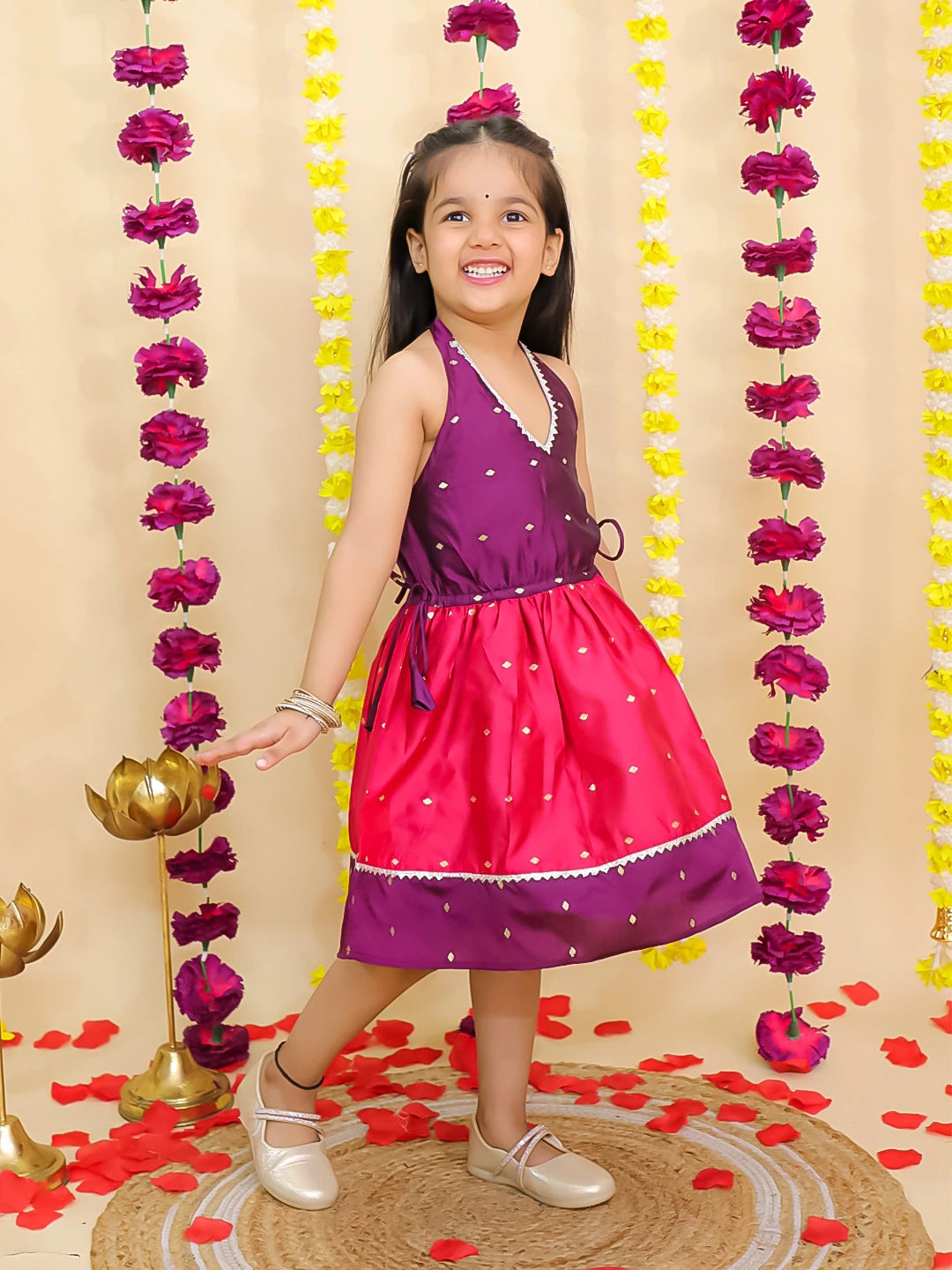 BownBee Ethnic Halter Neck Sleeveless Dress For Girls