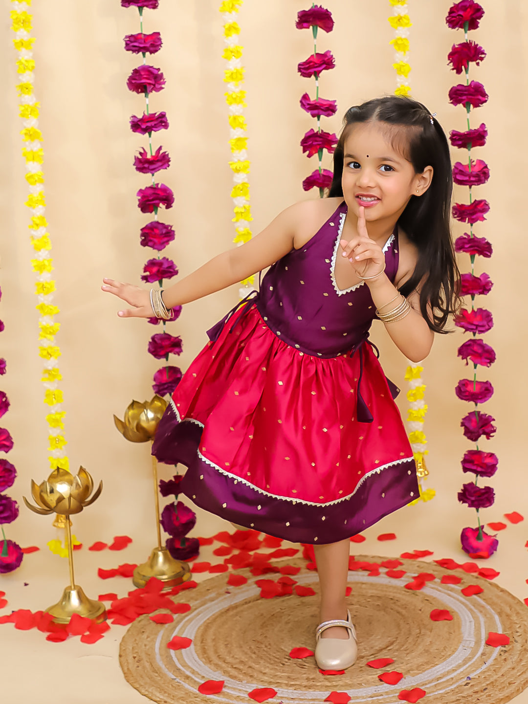 BownBee Ethnic Halter Neck Sleeveless Dress For Girls - Purple