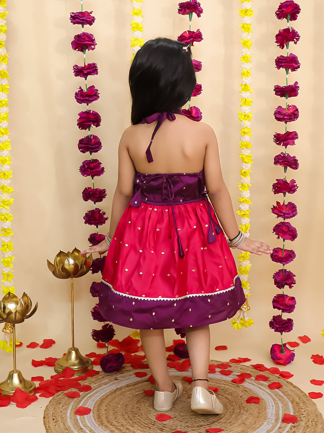 BownBee Ethnic Halter Neck Sleeveless Dress For Girls - Purple