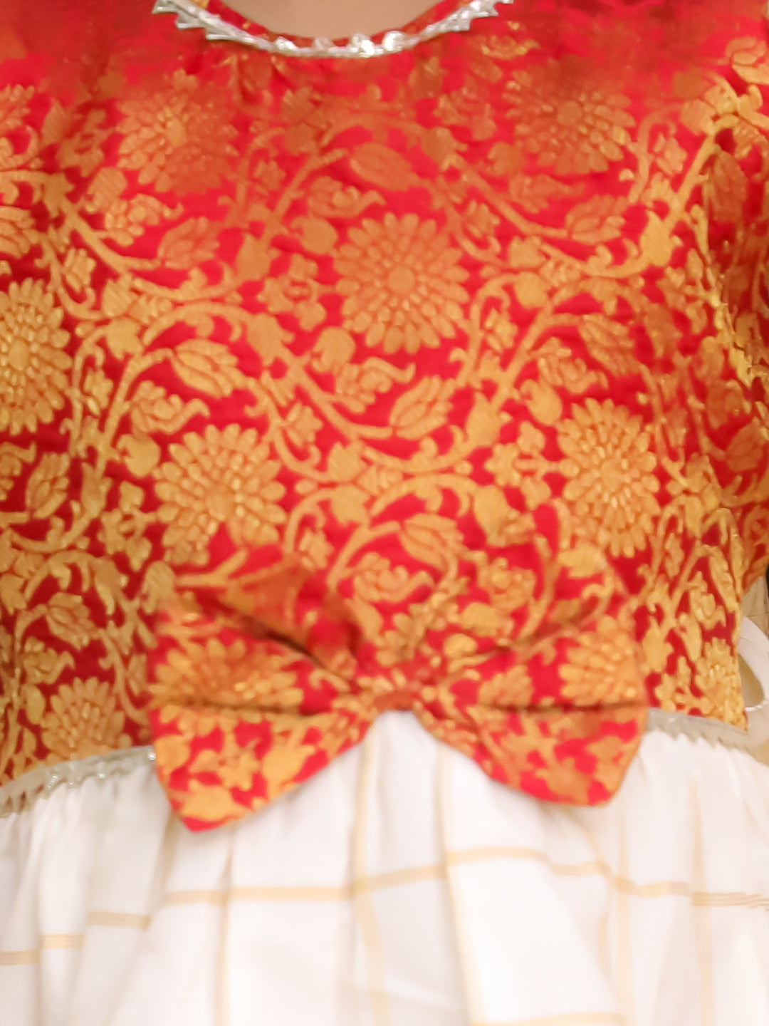 BownBee Ethnic Short Puff Sleeves Jacquard Dress For Girls - Red