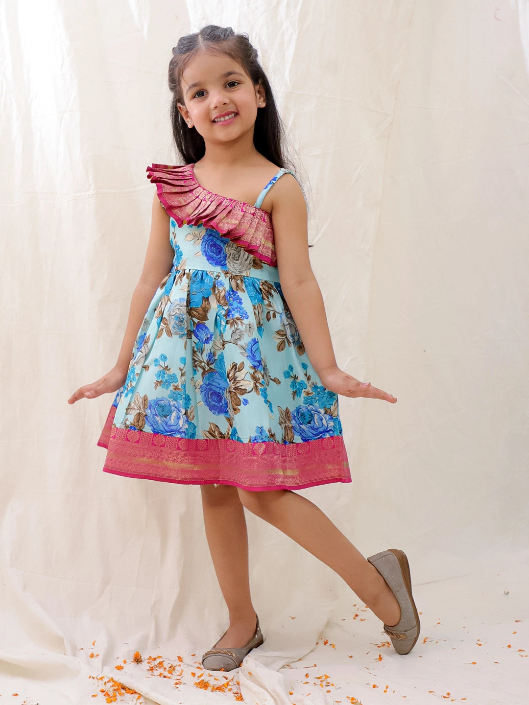 BownBee Printed One shoulder Ethnic Party Dress For Girls