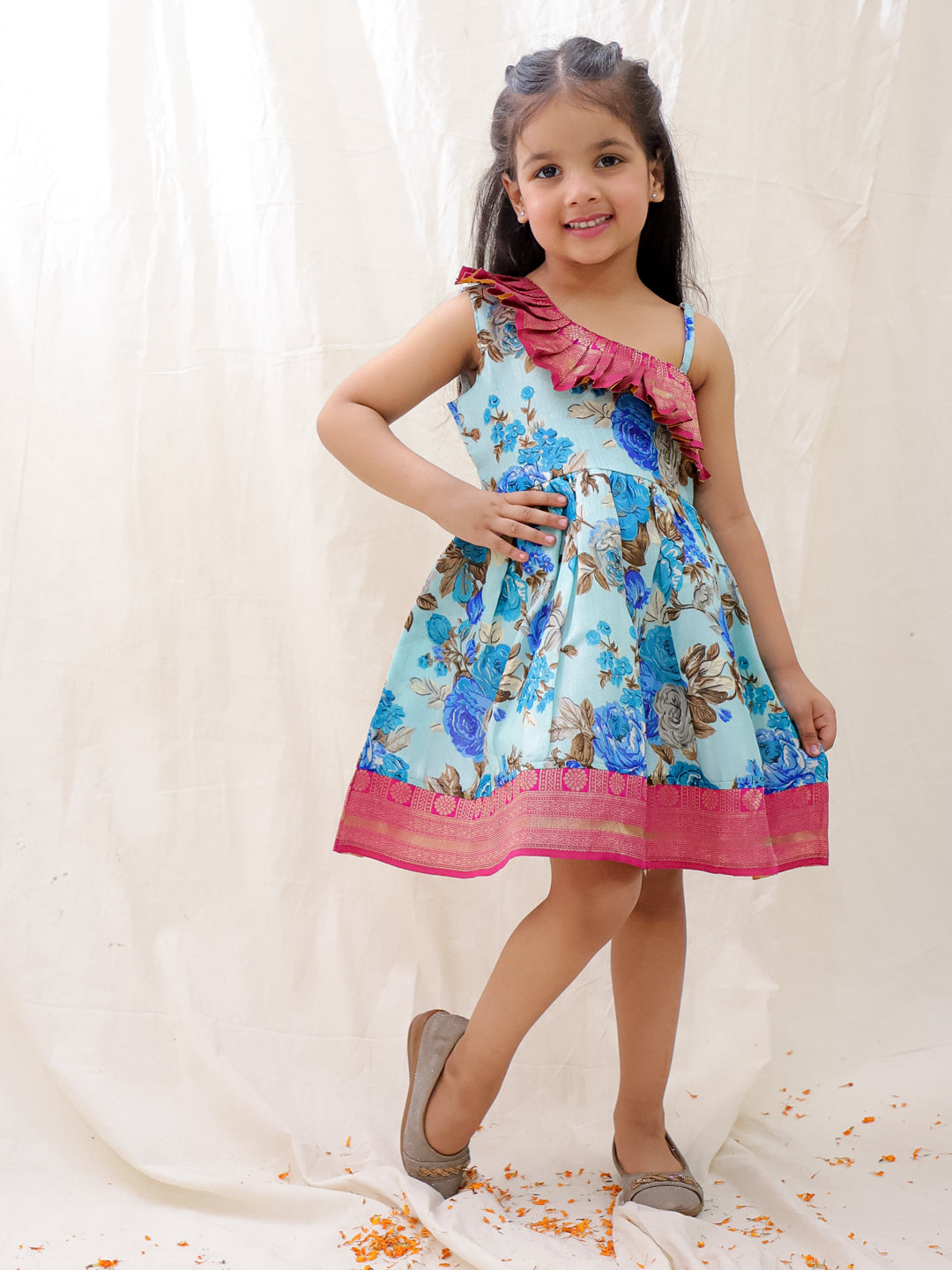 BownBee Printed One shoulder Ethnic Party Dress For Girls - Orange