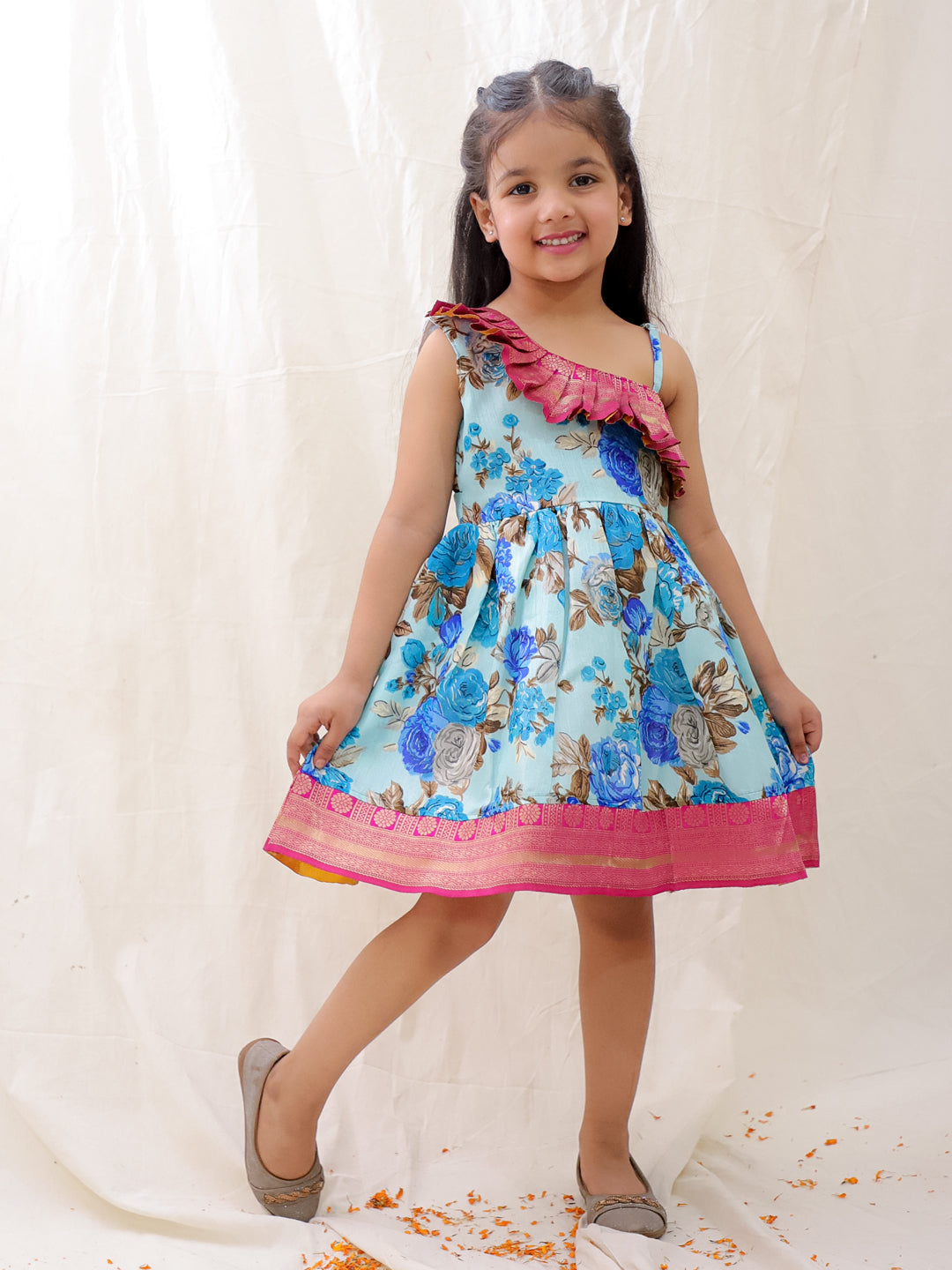 BownBee Printed One shoulder Ethnic Party Dress For Girls - Orange