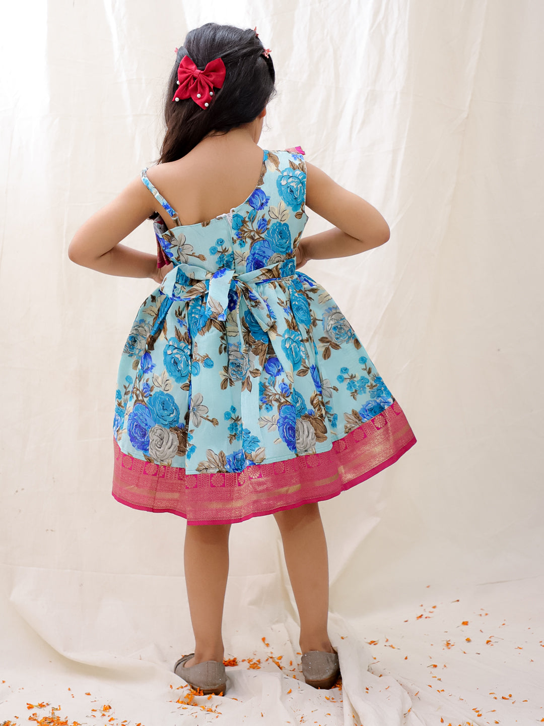 BownBee Printed One shoulder Ethnic Party Dress For Girls - Orange