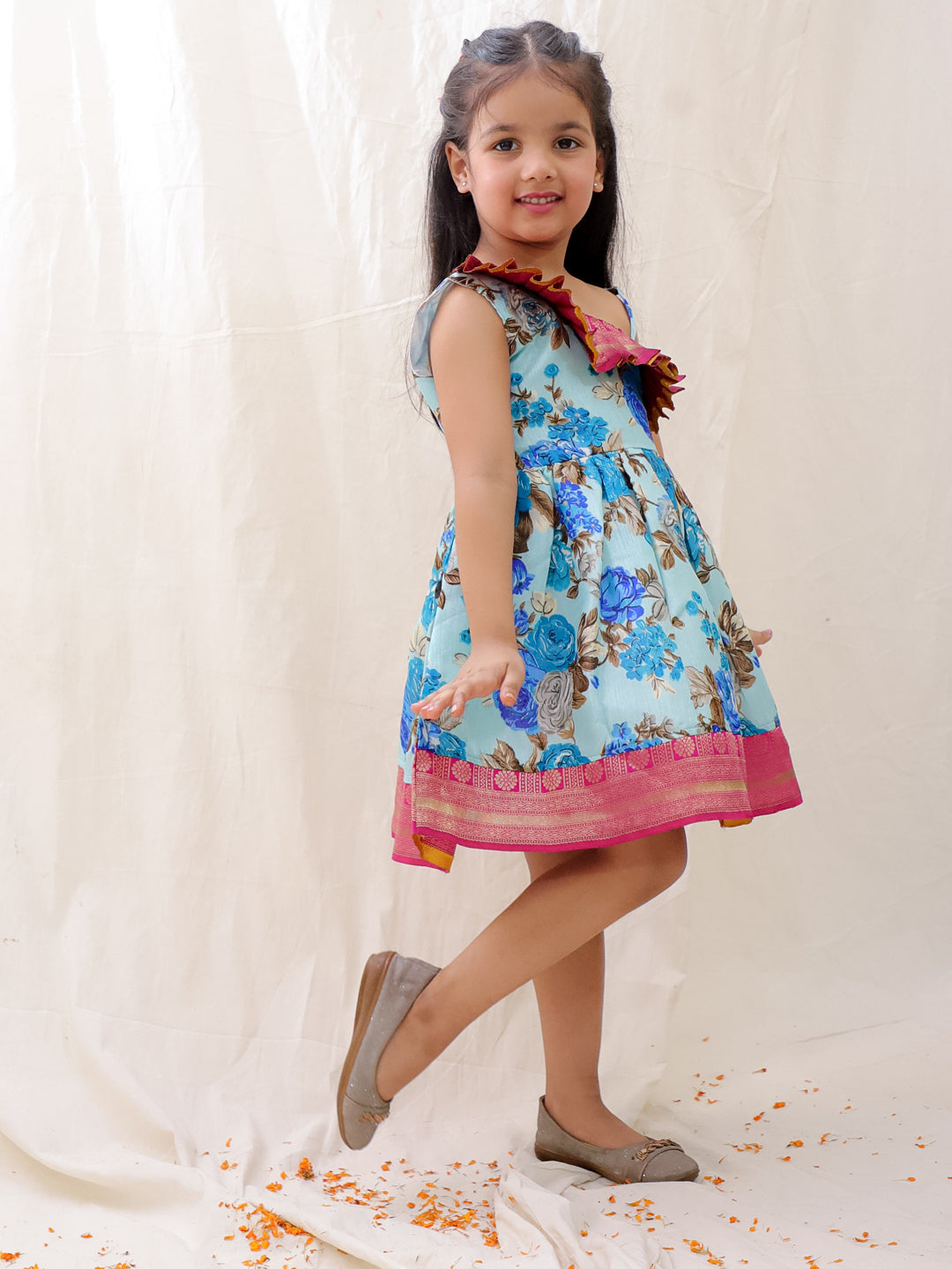 BownBee Printed One shoulder Ethnic Party Dress For Girls - Orange