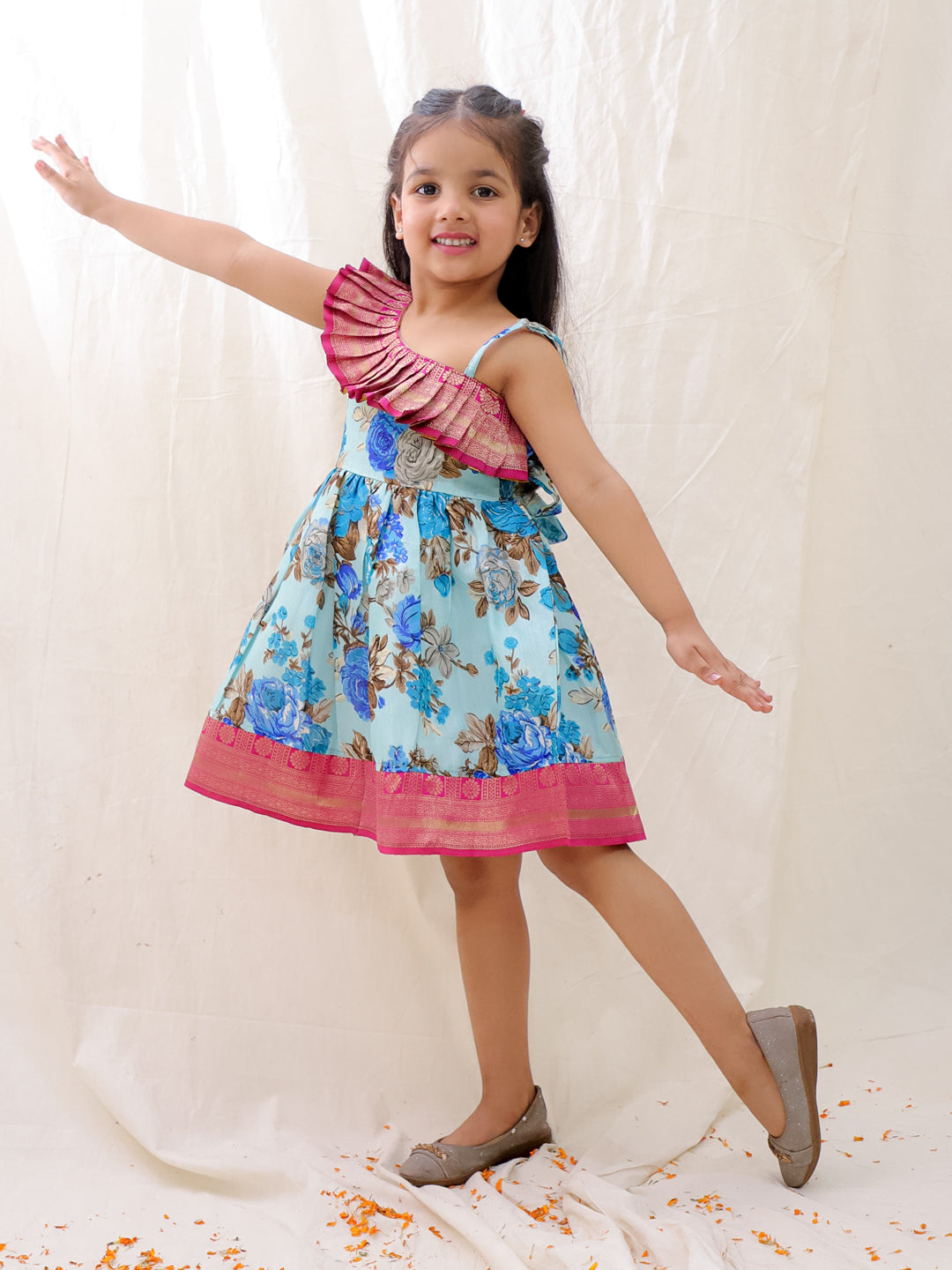 BownBee Printed One shoulder Ethnic Party Dress For Girls - Orange