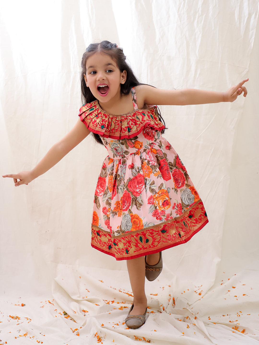 BownBee Printed One shoulder Ethnic Party Dress For Girls - Orange