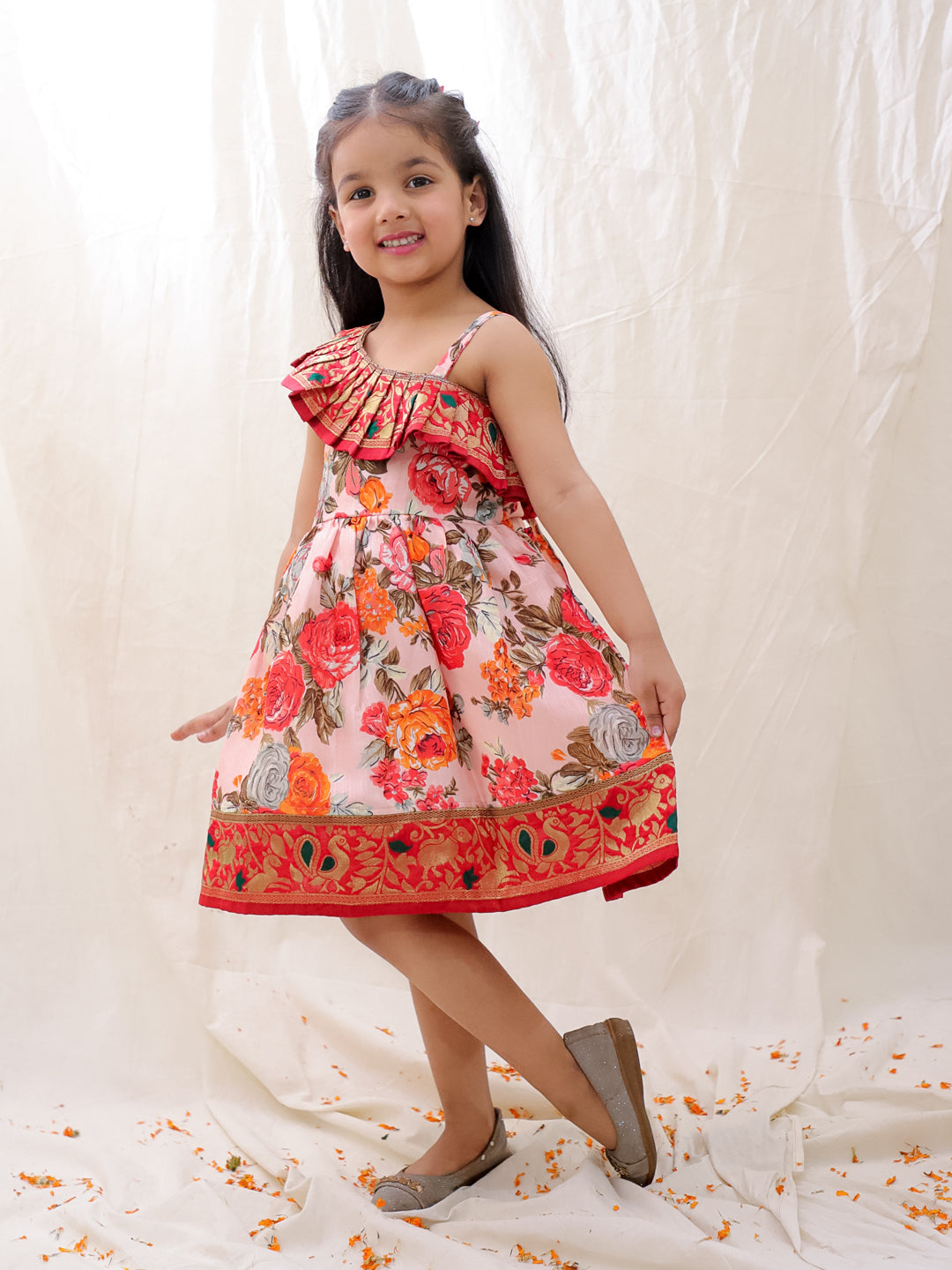 BownBee Printed One shoulder Ethnic Party Dress For Girls - Orange