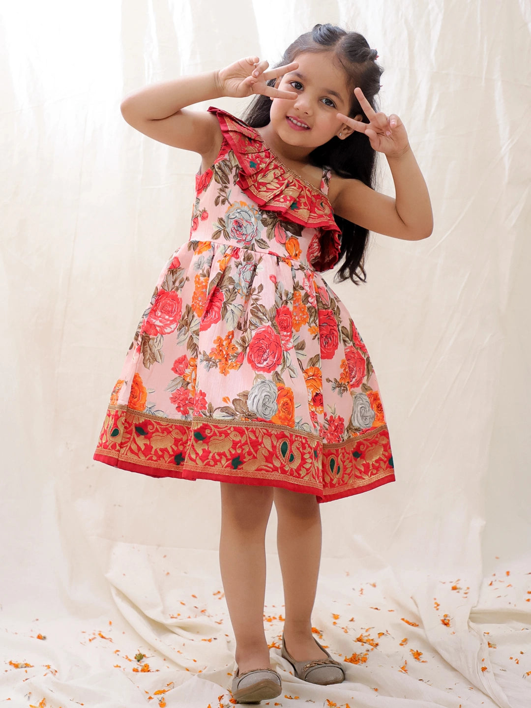 BownBee Printed One shoulder Ethnic Party Dress For Girls