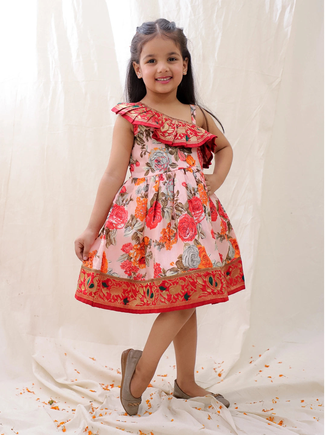 BownBee Printed One shoulder Ethnic Party Dress For Girls